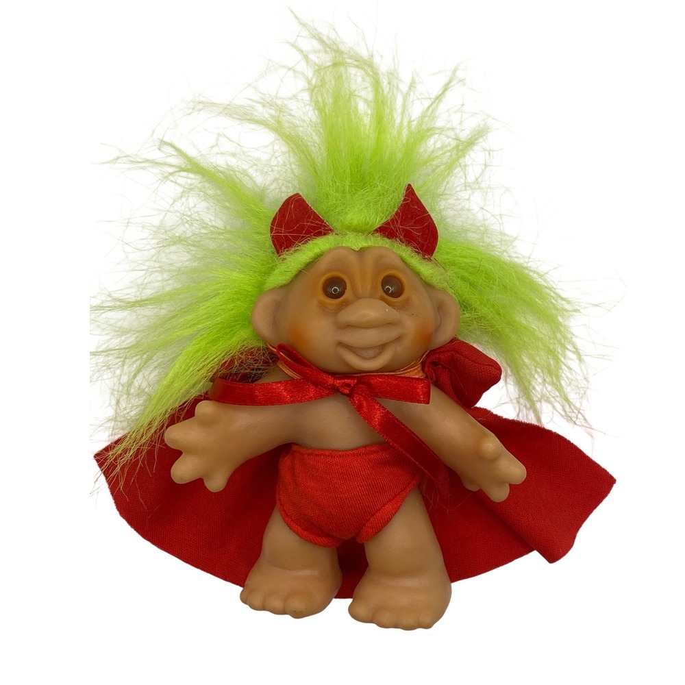 Vintage 1986 Dam Troll‎ Doll Devil Costume Neon Green Hair Red Cape Collectible